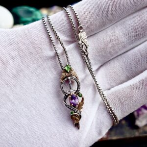 Purple Spinel, Tsavorite Garnets & White Zircon set in Sterling Silver and 14k Gold Pendant BY Raftark